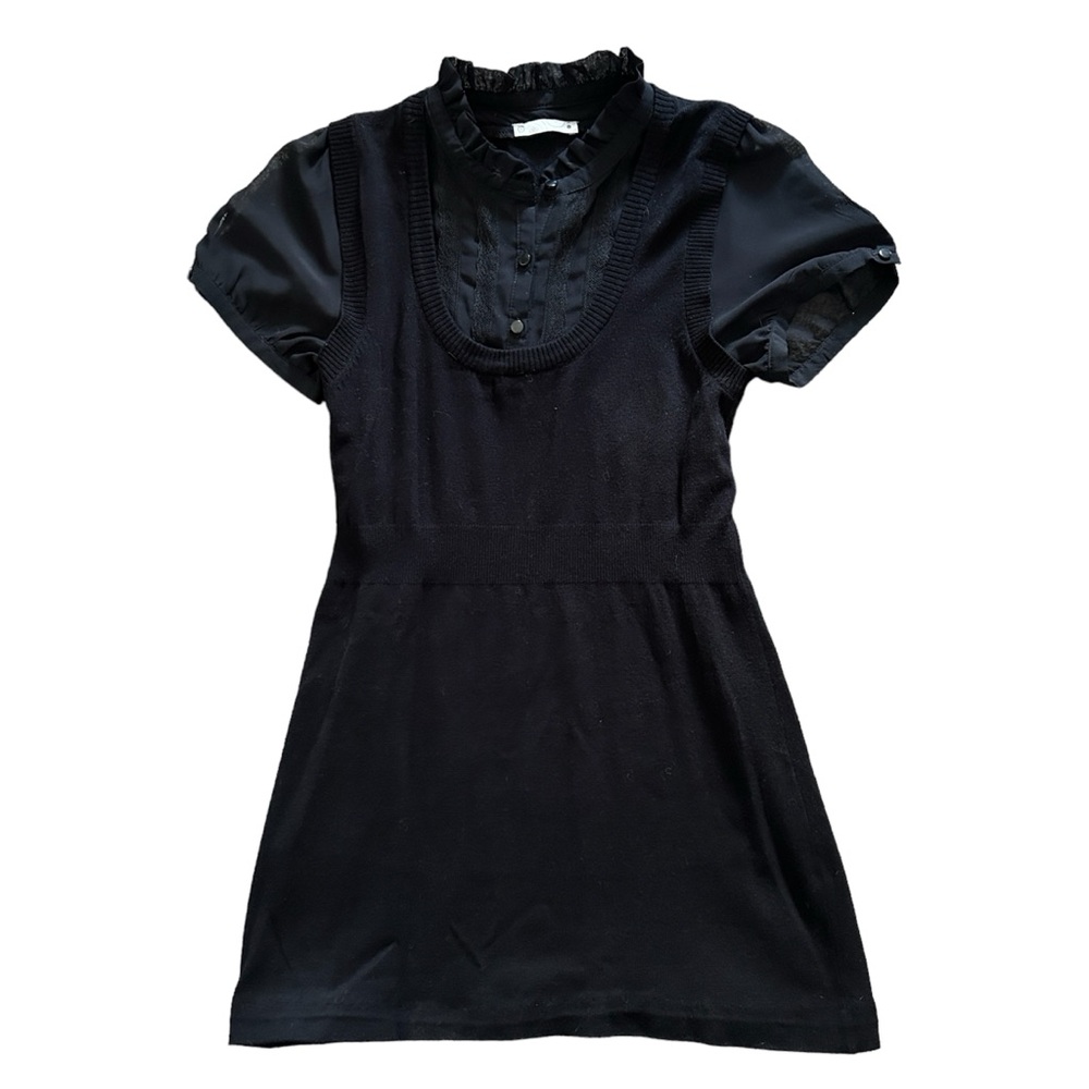 Y2K or Coquette Dynamite Black Knit Layered Lace Trim and Mesh Mini Dress/Tunic - Picture 3 of 6